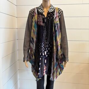 FW Collection multi pattern fishnet drape cardigan with pockets size small